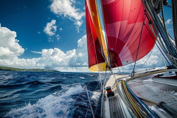 A sailboat leans into the wind under a cloudy blue sky while sailing on the ocean during a race - obrazy, fototapety, plakaty