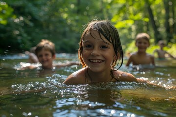 A group of children swimming and wading in a river, enjoying the cool water on a sunny day