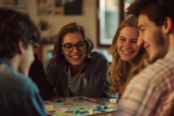 A group of friends sit around a Monopoly board, strategizing and discussing their moves intently - obrazy, fototapety, plakaty