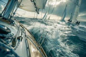 A group of sailboats with crew members onboard, sailing in the vast ocean - obrazy, fototapety, plakaty