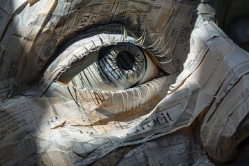 Detailed close-up view of an eye-shaped sculpture made entirely of newspaper, utilizing natural lighting to enhance textures and shadows