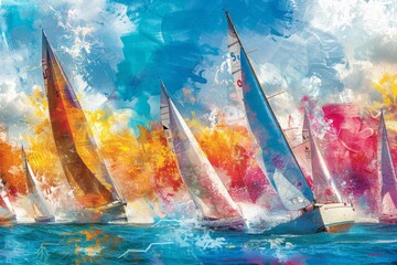 A painting depicting multiple sailboats racing and sailing in the ocean, capturing the energy and movement of a regatta - obrazy, fototapety, plakaty