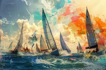 A painting depicting a regatta finish line with sailboats crossing the ocean in a burst of excitement and exhilaration - obrazy, fototapety, plakaty