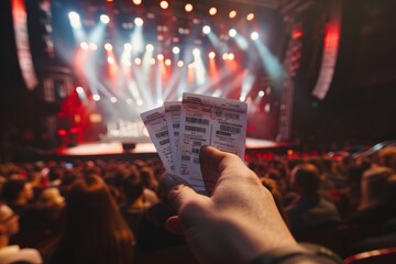 Individual holds two tickets up in front of a crowd at a concert venue - obrazy, fototapety, plakaty