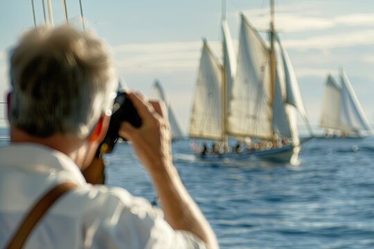 A man is photographing a sailboat sailing in the ocean from a spectators perspective