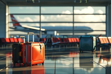 Airport terminal with luggage and airplane in background, Ai Generated
