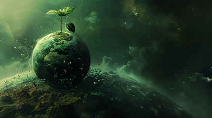 Technologies for starting life on a barren planet, falling seeds and water from space, green shoots emerging on the surface, hope and rebirth in a cosmic context - obrazy, fototapety, plakaty