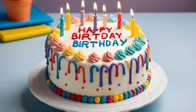 A photo of a delicious birthday cake. The cake is decorated with colorful icing and has a happy birthday message written on it.