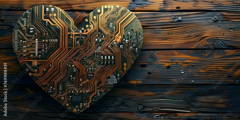 Aufkleber exploring the intersection of technology and morality: a circuit board heart with binary code for di