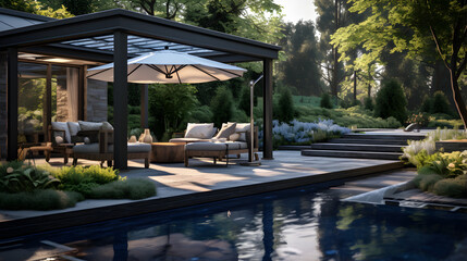 an outdoor gazebo and an umbrella over the swimming pool