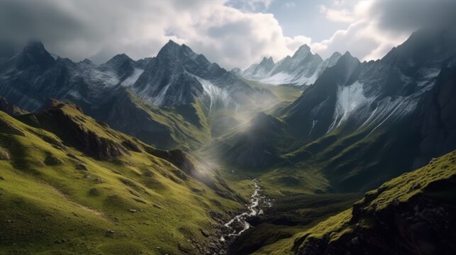 Mountain landscape, Mountains in the background.