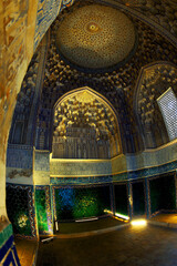 Inside the beautifully built and decorated Mausoleum Tuman Oko in The Shah-i-Zinda ritual complex. Samarkand, Uzbekistan  