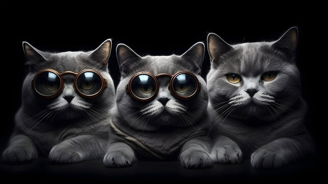 cats in glasses on black background