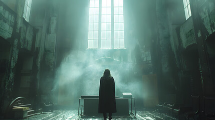 A mysterious figure stands before a grand piano in the midst of a foggy, abandoned building, evoking a sense of suspense