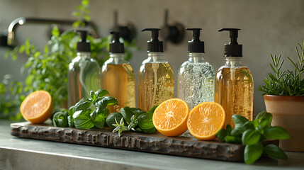Artisanal clear and amber liquid hand soaps in pump bottles, accompanied by fresh citrus and potted herbs on a kitchen counter - obrazy, fototapety, plakaty