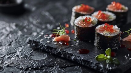 Artistic sushi arrangement on black slate - Powered by Adobe