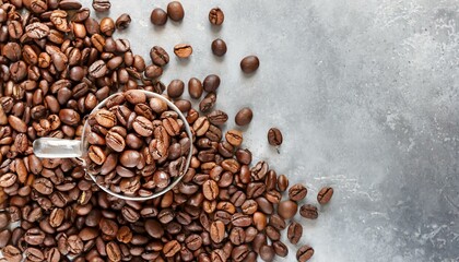 summer banner with only coffee beans on a light gray metal background. Top view, flat lay with a big copy space. - obrazy, fototapety, plakaty