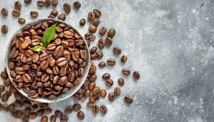 summer banner with only coffee beans on a light gray metal background. Top view, flat lay with a big copy space.