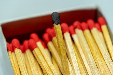Set of several defocused black headed matchsticks with one green-headed matchstick in evidence.