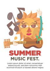 summer sound. abstract sun mascot playing guitar. summer music festival template poster vector illustration