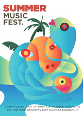 sea monster in tropical island and sea waves concept. summer music festival template poster vector illustration