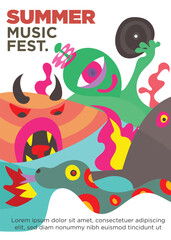 abstract party monster concept. summer music festival template poster vector illustration