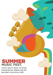 sound of saxophone. rainbow and clod background. abstract style 
 summer music festival template poster vector illustration
