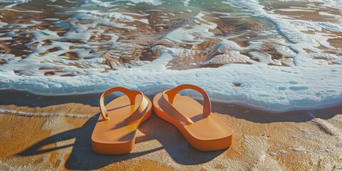 Close-up of flip flops on the beach. Orange sandals on the seashore with sea waves. - obrazy, fototapety, plakaty