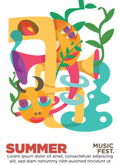 monster of trumpet. colorfull abstract saxophone and plants. summer music festival template poster vector illustration
