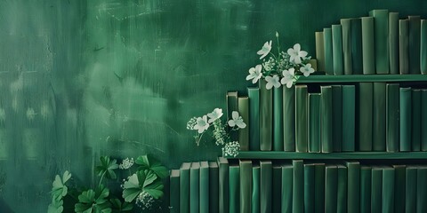 St Patrick's Day Book Club Meeting: Exploring Green Book Covers and Literature. Concept St Patrick's Day, Book Club Meeting, Green Book Covers, Literature, Exploring