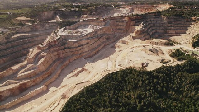 Overhead shot capturing the expansive nature of a limestone mining operation set amidst a natural landscape.