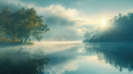 Fototapete Rund Tranquil lake with sun piercing through mist - Serene early morning scenery with the sun rays breaking through the mist over a calm lake surrounded by trees © Mickey