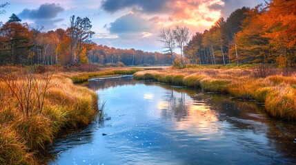 Fototapeta premium HDR capture of a river meandering through a vibrant autumn landscape, with the colors of fall reflected in the water.