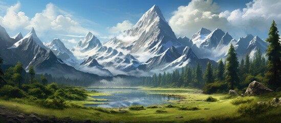 A stunning natural landscape painting depicting a mountain with cloudcovered sky, a serene lake, lush green trees, and grassy surroundings. Perfect for travel enthusiasts - obrazy, fototapety, plakaty