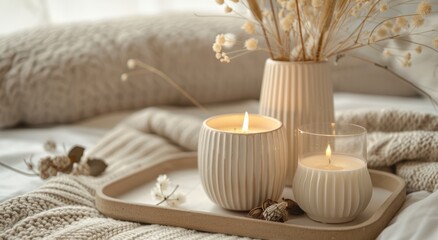 Fototapeta na wymiar Cozy home interior with candles and dried flowers in vase on tray, warm beige colors, winter mood concept