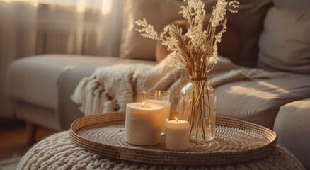 Cozy home interior with candles and dried flowers in vase on tray, warm beige colors, winter mood concept