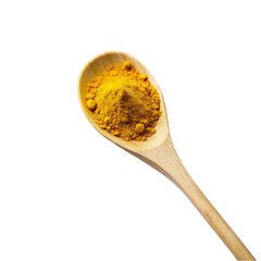 Turmeric powder in wooden spoon isolated on transparent background. Spices and herbs.