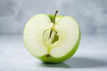 Cut green apple with drops on gray background, fresh fruit for diet and healthy eating