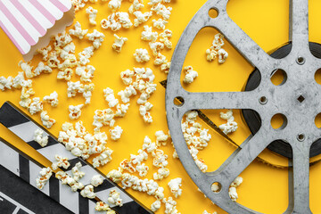 Film reels top view. Cinema industry and movie background
