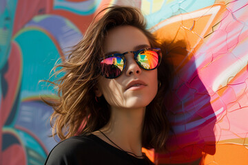 A young woman in sunglasses looks into the frame against a bright wall.