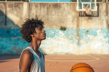 Friends of different nationalities and races play basketball on an outdoor court, bright colors. - obrazy, fototapety, plakaty