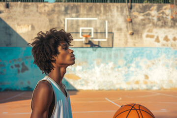 Friends of different nationalities and races play basketball on an outdoor court, bright colors. - obrazy, fototapety, plakaty