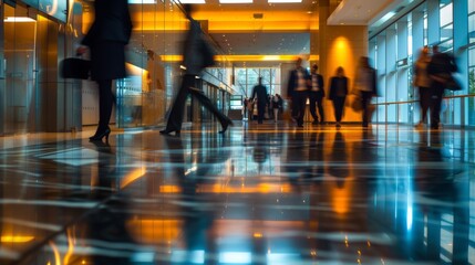 Bustling Corporate Hallway: Blurred Motion - Urban Rush - Dynamic Scene of Commuters Engaged in Fast-paced Corporate Hustle, Capturing the Essence of Modern Urban Life