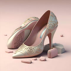 conceptual logo pink golden fashionable  high heel shoe  at pink decorated  background  for shoes business, branding. Ai generated - 769991839