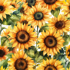 watercolor yellow sunflower bouquet on plaid background, watercolor botanical illustration, hand drawing, summer flower. Generative AI
