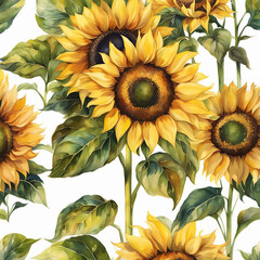 watercolor yellow sunflower bouquet on plaid background, watercolor botanical illustration, hand drawing, summer flower. Generative AI