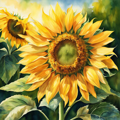 watercolor yellow sunflower bouquet on field background, watercolor botanical illustration, hand drawing, summer flower. Generative AI