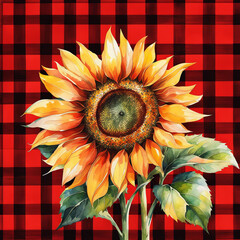 watercolor yellow sunflower bouquet on red plaid background, watercolor botanical illustration, hand drawing, summer flower. Generative AI