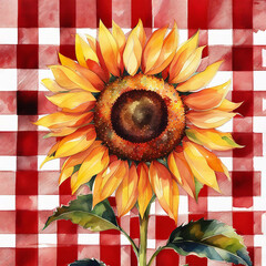 watercolor yellow sunflower bouquet on red plaid background, watercolor botanical illustration, hand drawing, summer flower. Generative AI