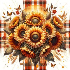 Summer yellow sunflower bouquet on plaid background, fantasy botanical illustration, flower bouquet. Generative AI